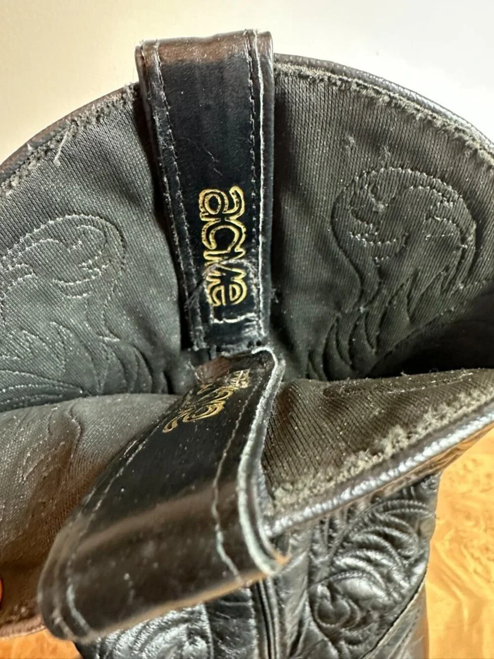 Acme Black Leather Cowboy Western Boots USA Pointed Toe Embroidered Men's 8 M